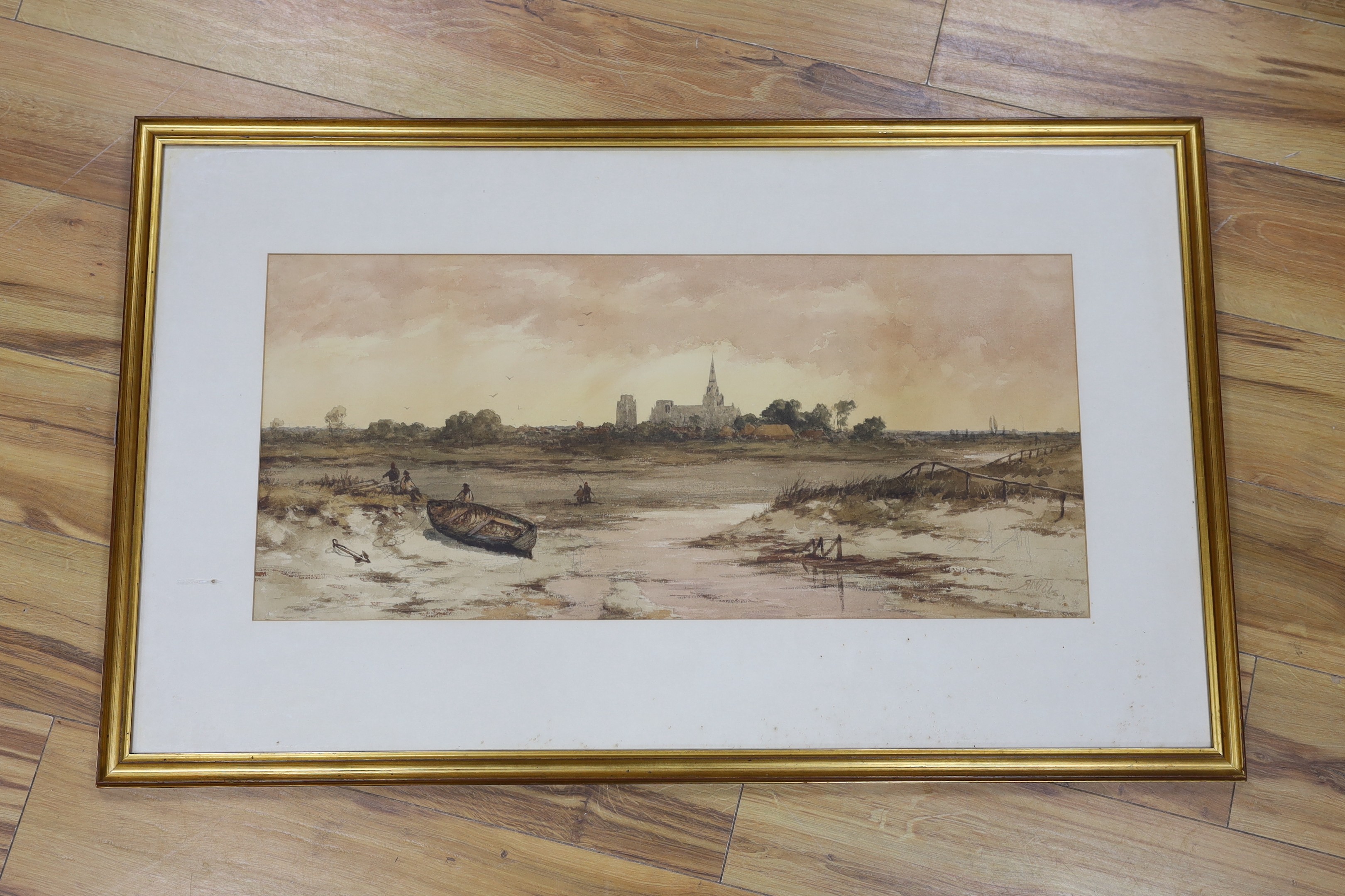 Richard Henry Nibbs (1816-1893), watercolour, Estuary at low tide with church in the distance, signed, 35 x 77cm